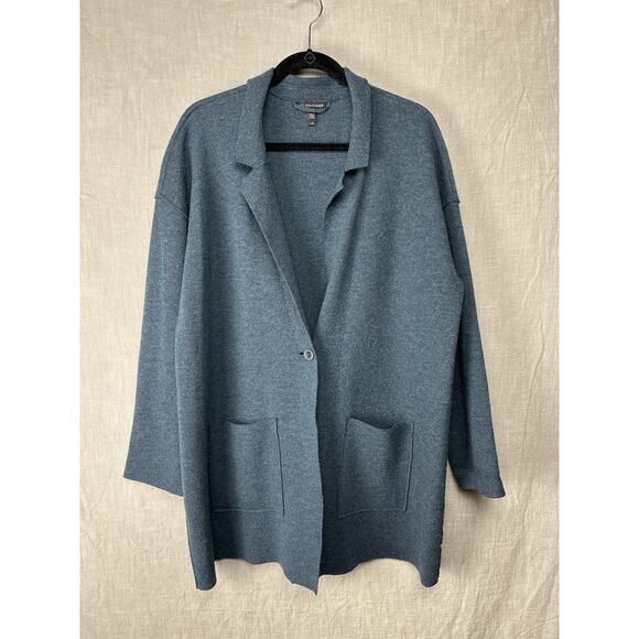 Beautiful Eileen Fisher Merino Wool Straight Long Cardigan Midnight Blue size L - Picture 1 of 7